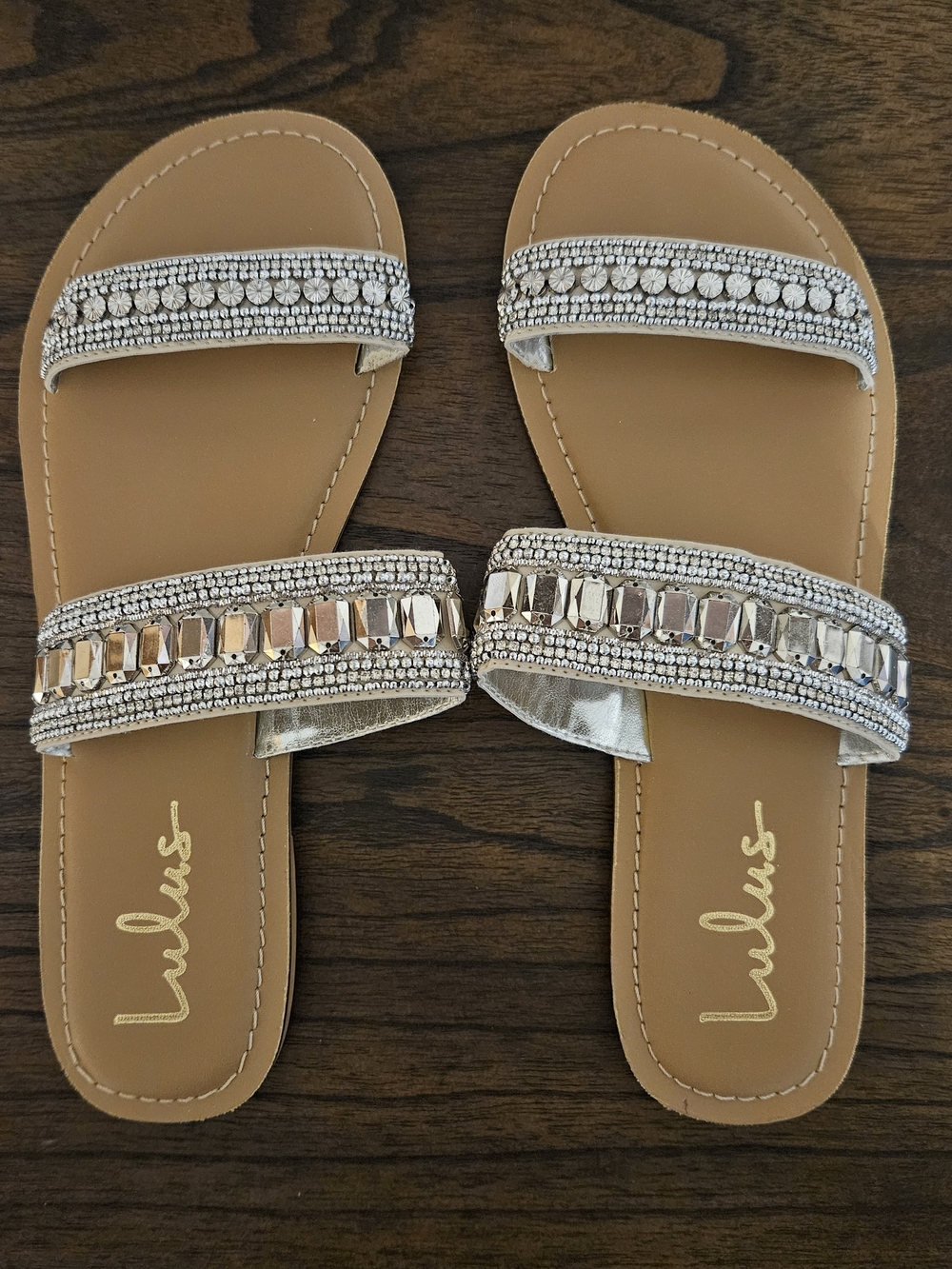 Lulu's Tan Footbed Jeweled Double-Strap Slide Sandals